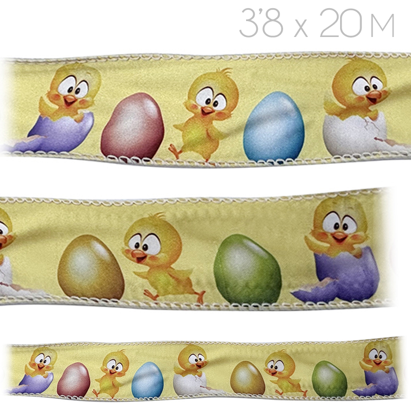 Lazo cinta saten amarillo c/alambre pollitos pascua-rollo 3,8x20m r2677 (c. 10 rollos.)