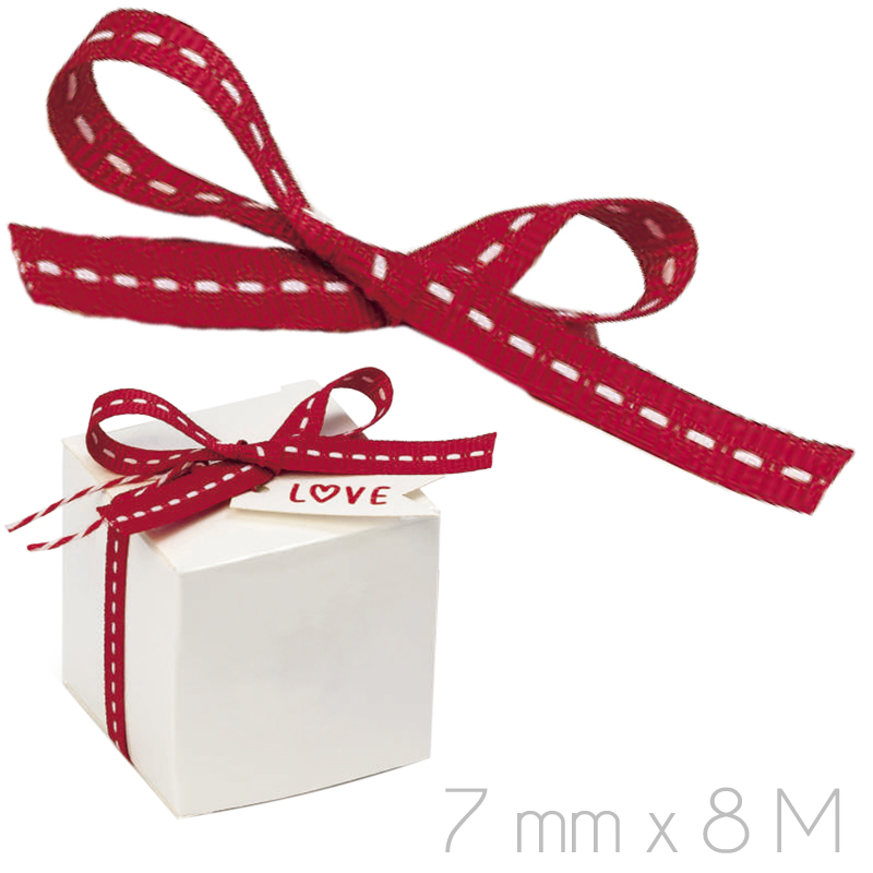 Cinta otoman roja con pespunte blanco-rollo 50 mts.