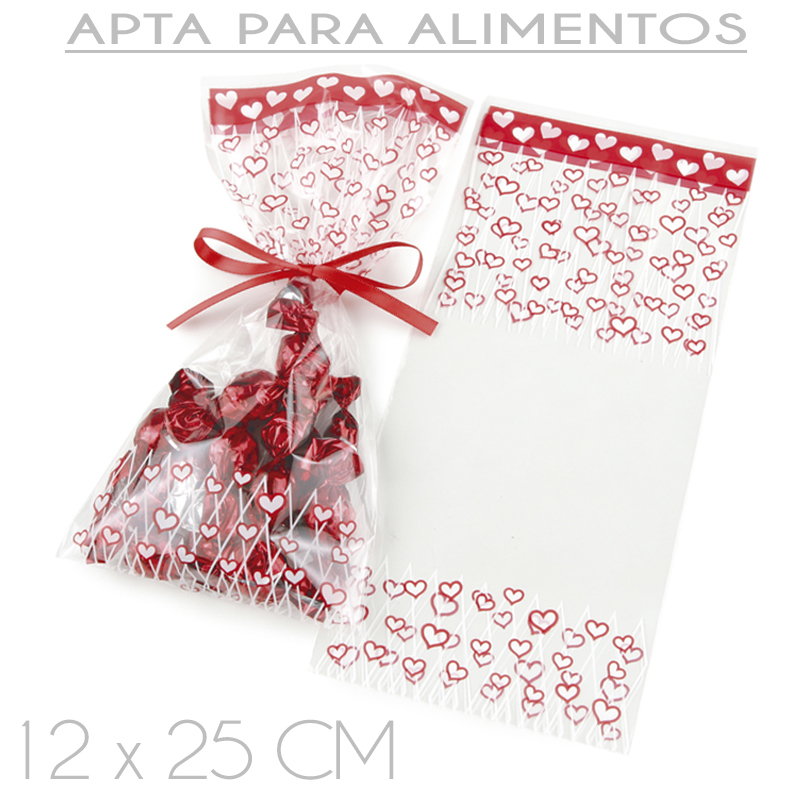 Bolsa corazones rojos 12x25 cm. (caja 100 und.)